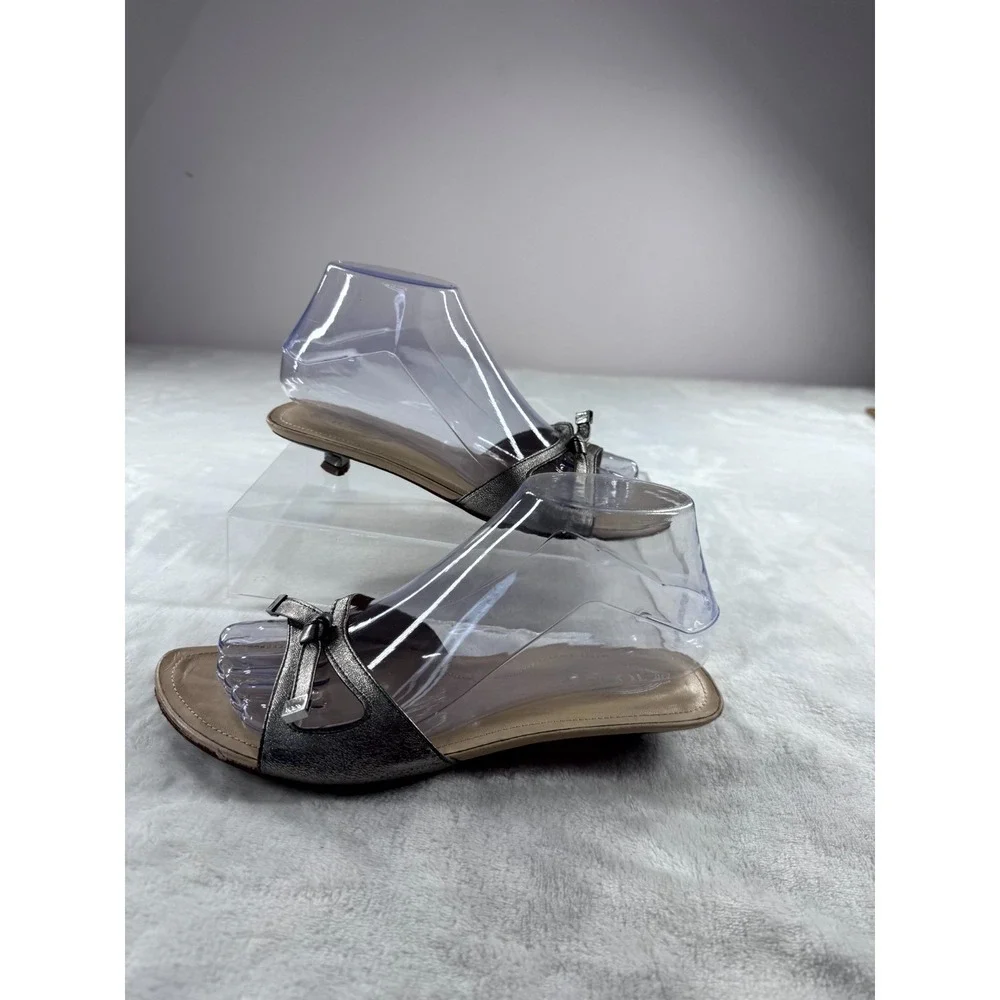 Tod's Heel Sandals Women 38 Silver Metallic Pewter Leather Bow Slip-On Comfort‎
